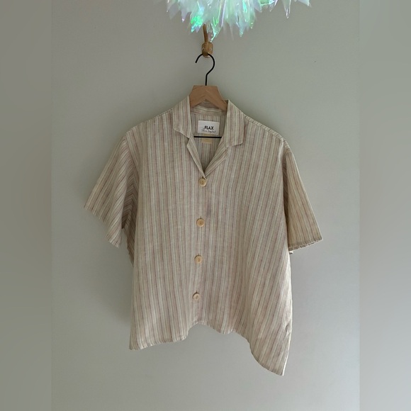 Flax Tops - Flax Linen Striped Button Down‎ T-Shirt Blouse Size Large